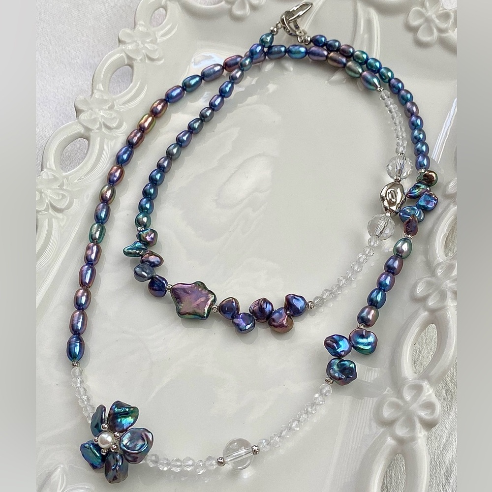 GP44-Handmade Flower And Clear Quartz Sweater Freshwater Pearl Necklace